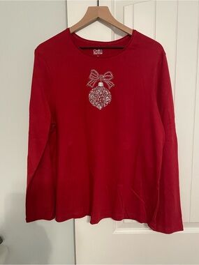 croft & barrow Red Long-Sleeve Top with Embellished Ornament